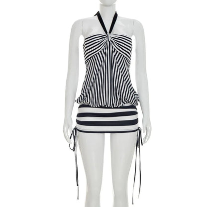Women Summer Sexy Strapless Striped Bandage Waist Mini Dress Slim Bodycon Short Party Dresses