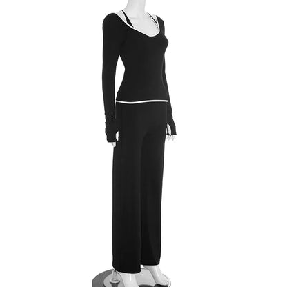 Cross Border Autumn Women's Clothing From Europe And America, New Color Blocking V-neck Long Sleeved Straight Leg Pants Set For