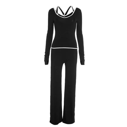 Cross Border Autumn Women's Clothing From Europe And America, New Color Blocking V-neck Long Sleeved Straight Leg Pants Set For