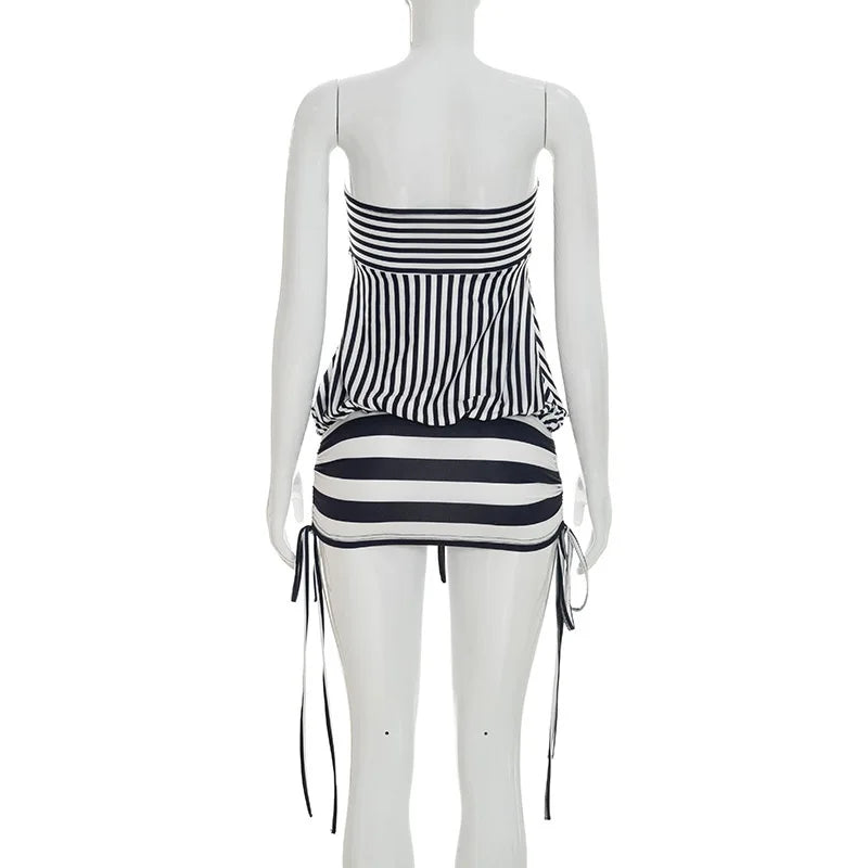 Women Summer Sexy Strapless Striped Bandage Waist Mini Dress Slim Bodycon Short Party Dresses