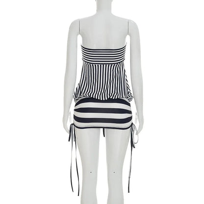 Women Summer Sexy Strapless Striped Bandage Waist Mini Dress Slim Bodycon Short Party Dresses