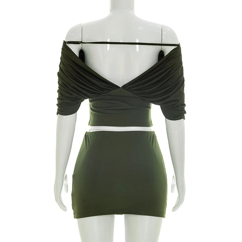 Summer Vintage Elegant 2 Piece Set Women One Shoulder Off Backless Ruched Waist Pleated Casual Suit