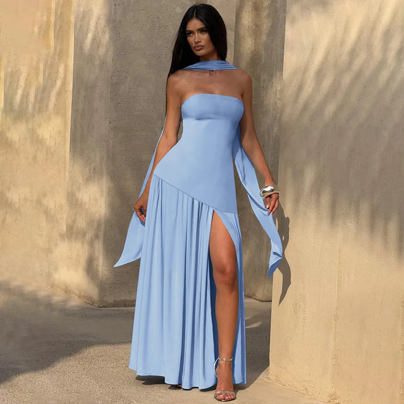 Women Solid Color Strapless Dress Slim Fit Split Backless Elegant Ribbon Midi Dress Fashion Evening Party Formal Dresses