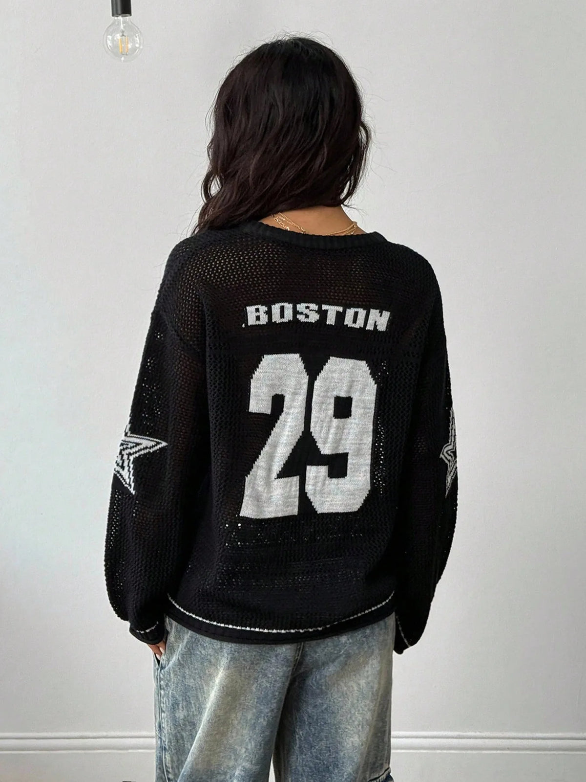 Y2K Style Sports Jersey Women's Knitted Tops Fashionable Digital Printed Round Neck Long Sleeve Jumper 2025 Summer Street Trend