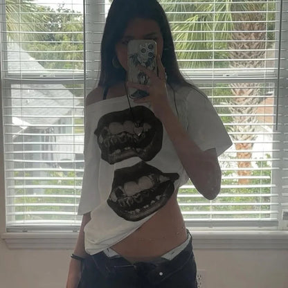 American Street Hip Hop Mouth Print Loose T-shirt Women Personalized Casual Top