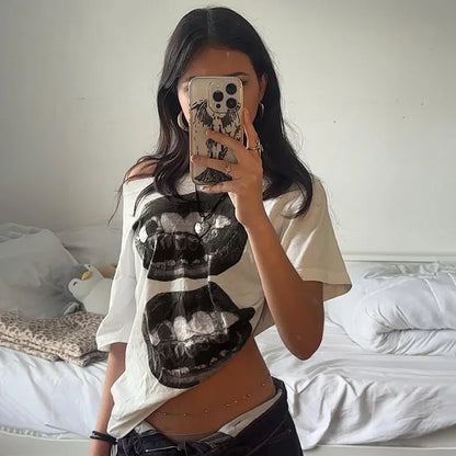 American Street Hip Hop Mouth Print Loose T-shirt Women Personalized Casual Top