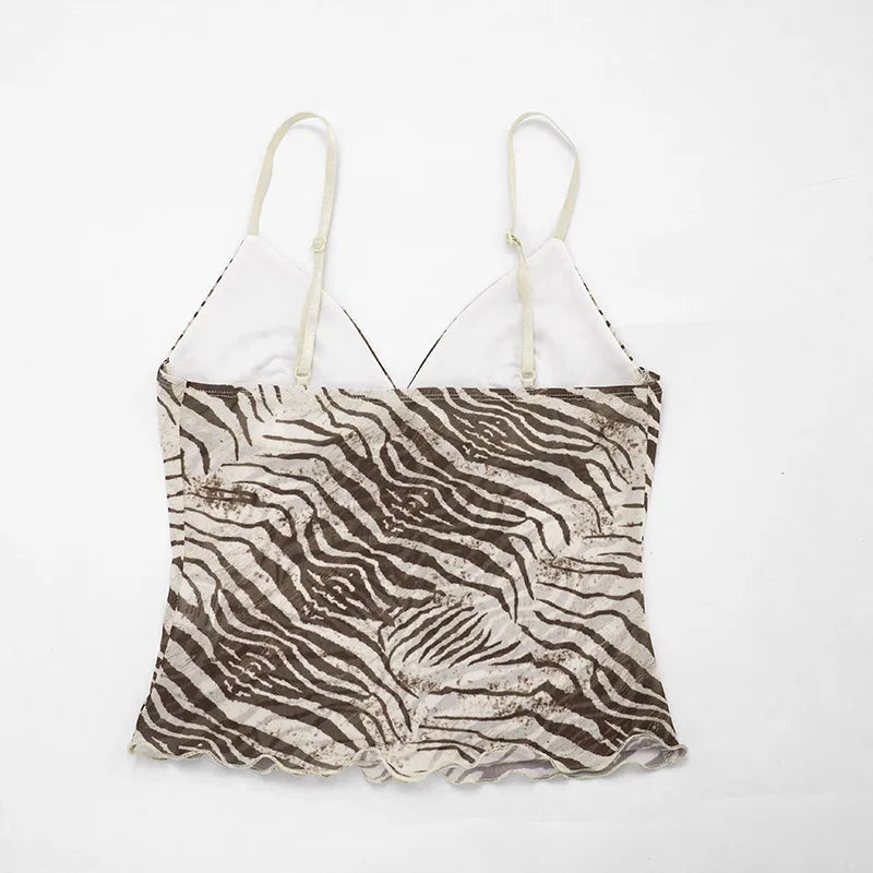 Women Summer Mesh Zebra Print V Neck Mesh Cami Tops