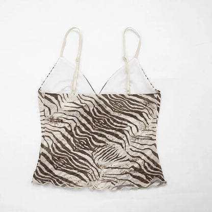 Women Summer Mesh Zebra Print V Neck Mesh Cami Tops