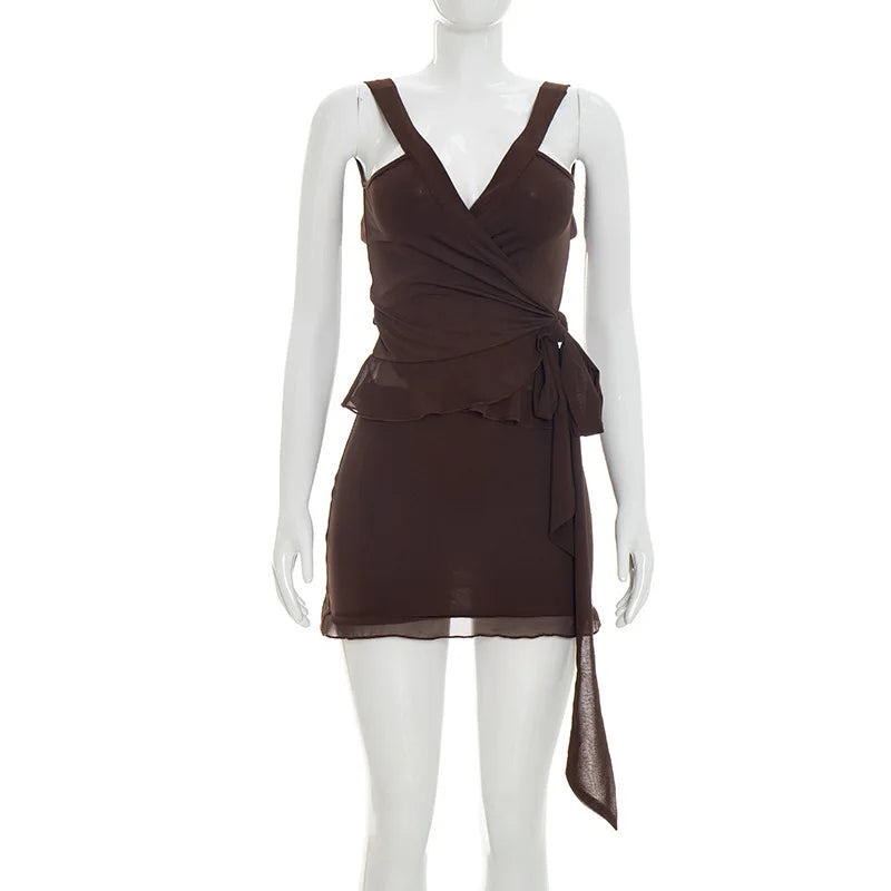 Summer Women 2 Piece Dress Set Lace Trim Camisole Backless Bandage Mini Dress Casual Party Sundress