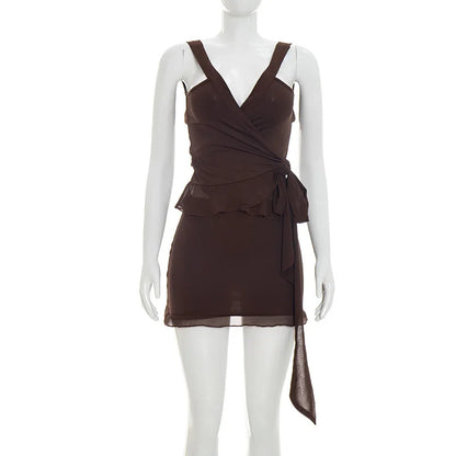 Summer Women 2 Piece Dress Set Lace Trim Camisole Backless Bandage Mini Dress Casual Party Sundress