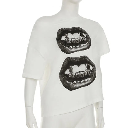 American Street Hip Hop Mouth Print Loose T-shirt Women Personalized Casual Top
