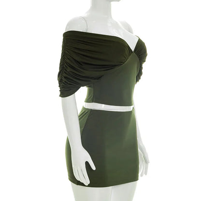 Summer Vintage Elegant 2 Piece Set Women One Shoulder Off Backless Ruched Waist Pleated Casual Suit