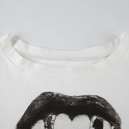 American Street Hip Hop Mouth Print Loose T-shirt Women Personalized Casual Top