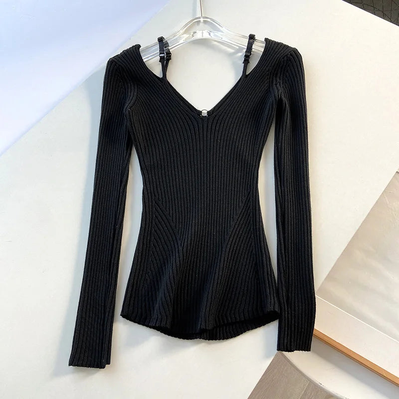 2025 Women's Suspender Pink Sweater Fake Two V-neck Pure Desire Base Knitted Sweater