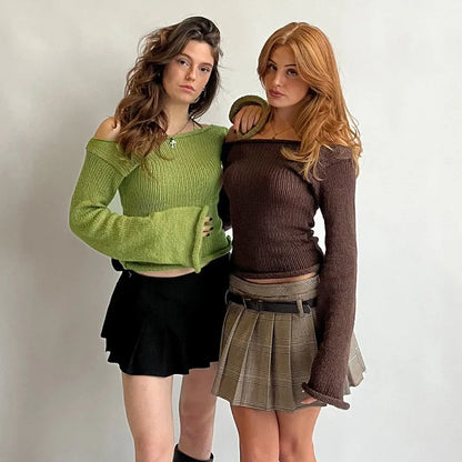 Casual Pullover Women Long Sleeve Y2K Knitted Sweater Tops Sexy Off Shoulder Club Fashion 2025 Winter Jumpers Sweater