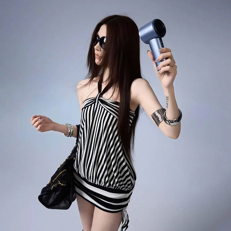 Women Summer Sexy Strapless Striped Bandage Waist Mini Dress Slim Bodycon Short Party Dresses