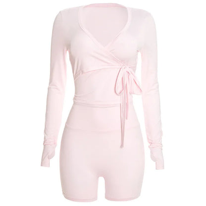 Autumn New Women Two Piece Set Solid Color Wrap Tie Long Sleeve Top Shorts Casual Outfit Suit