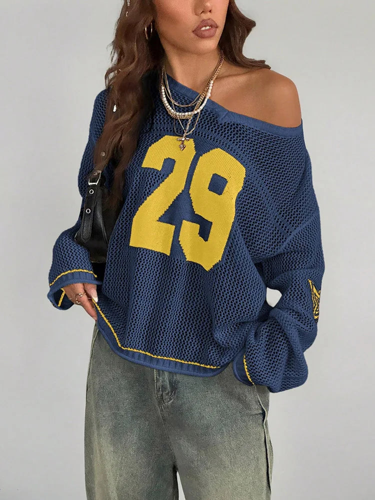 Y2K Style Sports Jersey Women's Knitted Tops Fashionable Digital Printed Round Neck Long Sleeve Jumper 2025 Summer Street Trend