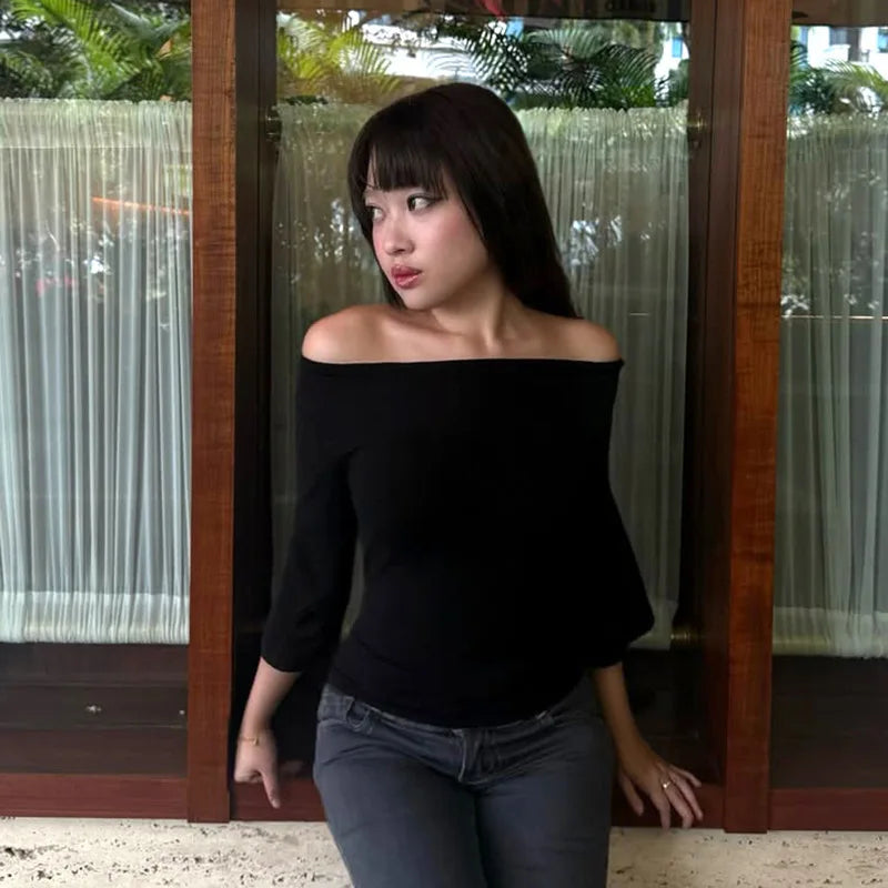 2026 Summer Women Sexy Off Shoulder 3/4 Sleeve Open Back Tie Up T Shirt Slim Fit Fashion Going Out Pullover Crop Tops Ladies