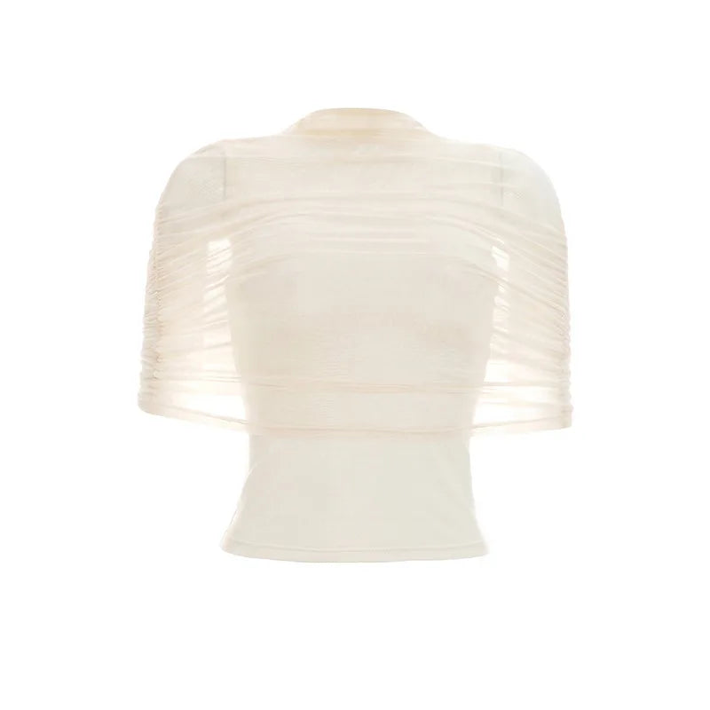 Women Spring Summer Pullover Cap Sleeve Ruched Mesh Patchwork Tops Slim Spliced Sheer Top