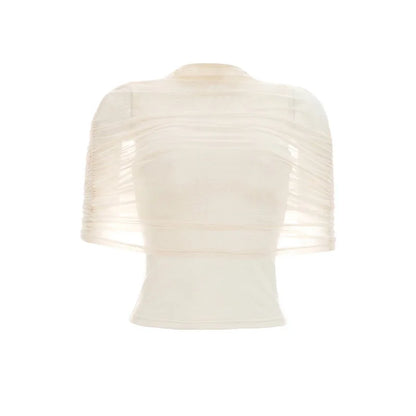 Women Spring Summer Pullover Cap Sleeve Ruched Mesh Patchwork Tops Slim Spliced Sheer Top