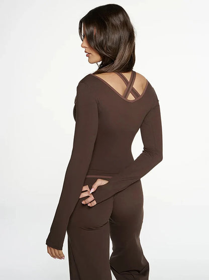 Cross Border Autumn Women's Clothing From Europe And America, New Color Blocking V-neck Long Sleeved Straight Leg Pants Set For