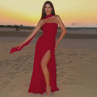 Women Solid Color Strapless Dress Slim Fit Split Backless Elegant Ribbon Midi Dress Fashion Evening Party Formal Dresses