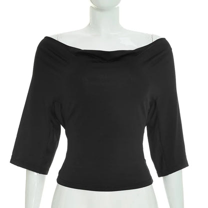 2026 Summer Women Sexy Off Shoulder 3/4 Sleeve Open Back Tie Up T Shirt Slim Fit Fashion Going Out Pullover Crop Tops Ladies