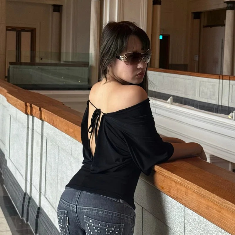 2026 Summer Women Sexy Off Shoulder 3/4 Sleeve Open Back Tie Up T Shirt Slim Fit Fashion Going Out Pullover Crop Tops Ladies
