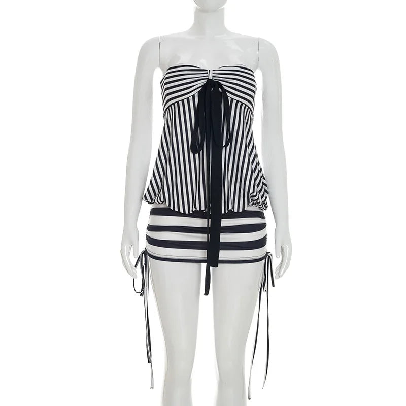 Women Summer Sexy Strapless Striped Bandage Waist Mini Dress Slim Bodycon Short Party Dresses