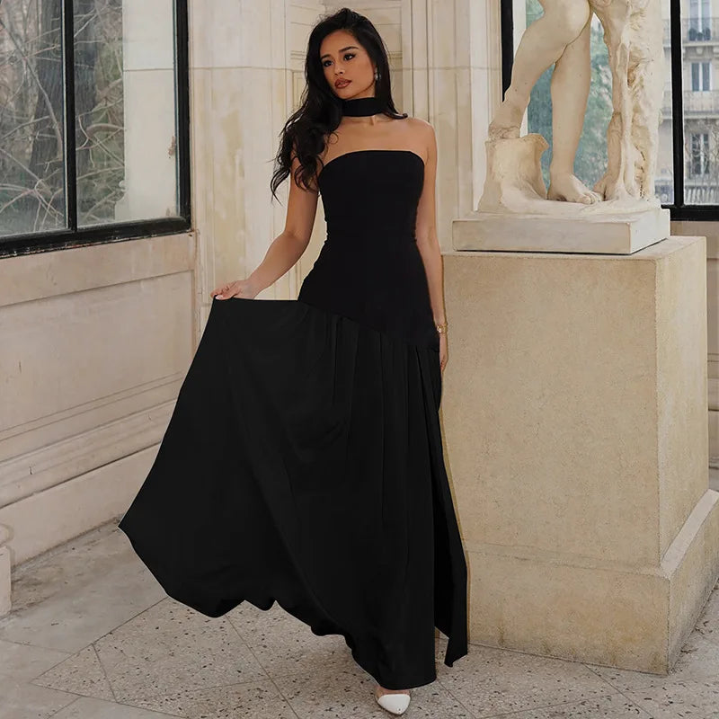 Women Solid Color Strapless Dress Slim Fit Split Backless Elegant Ribbon Midi Dress Fashion Evening Party Formal Dresses