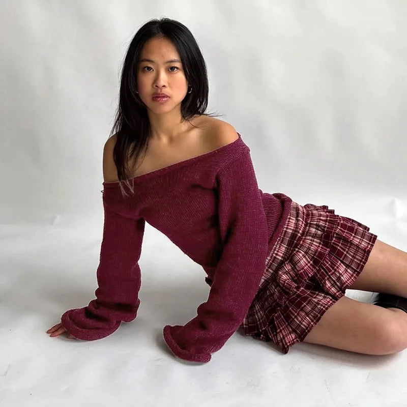 Casual Pullover Women Long Sleeve Y2K Knitted Sweater Tops Sexy Off Shoulder Club Fashion 2025 Winter Jumpers Sweater