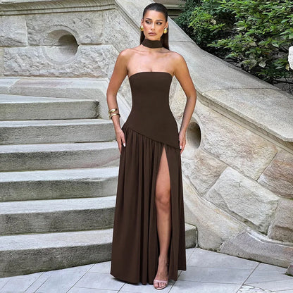 Women Solid Color Strapless Dress Slim Fit Split Backless Elegant Ribbon Midi Dress Fashion Evening Party Formal Dresses