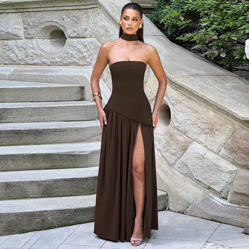 Women Solid Color Strapless Dress Slim Fit Split Backless Elegant Ribbon Midi Dress Fashion Evening Party Formal Dresses