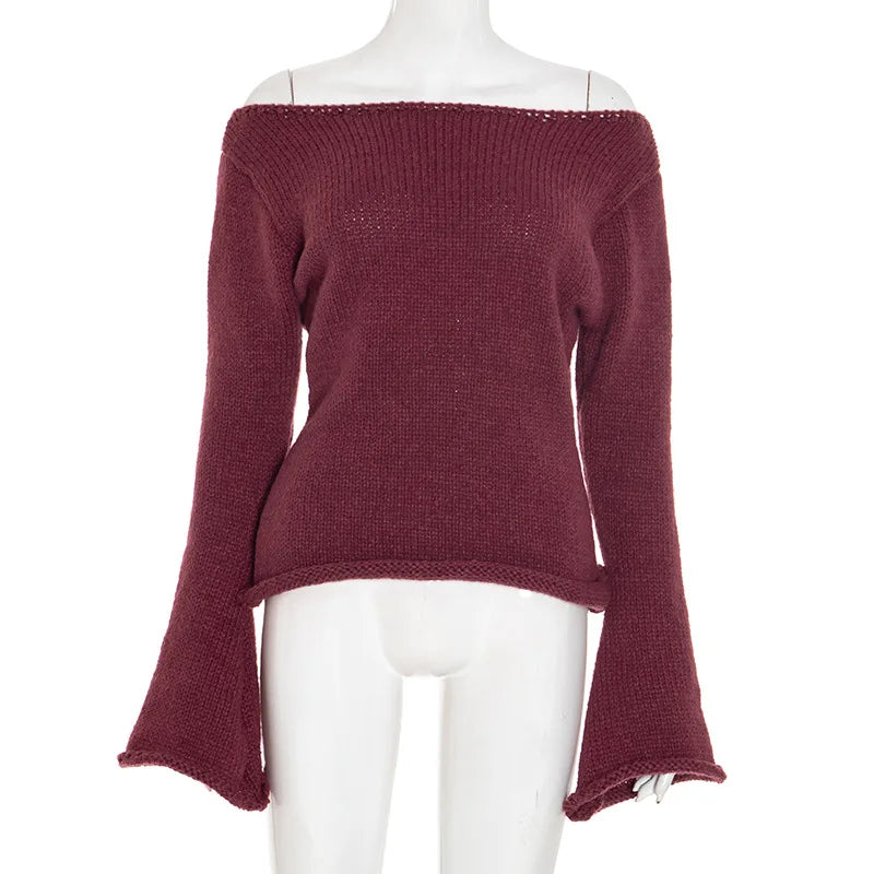 Casual Pullover Women Long Sleeve Y2K Knitted Sweater Tops Sexy Off Shoulder Club Fashion 2025 Winter Jumpers Sweater