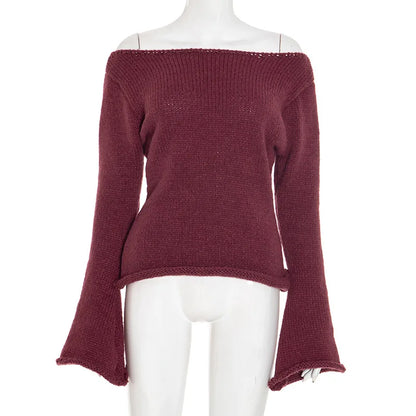 Casual Pullover Women Long Sleeve Y2K Knitted Sweater Tops Sexy Off Shoulder Club Fashion 2025 Winter Jumpers Sweater