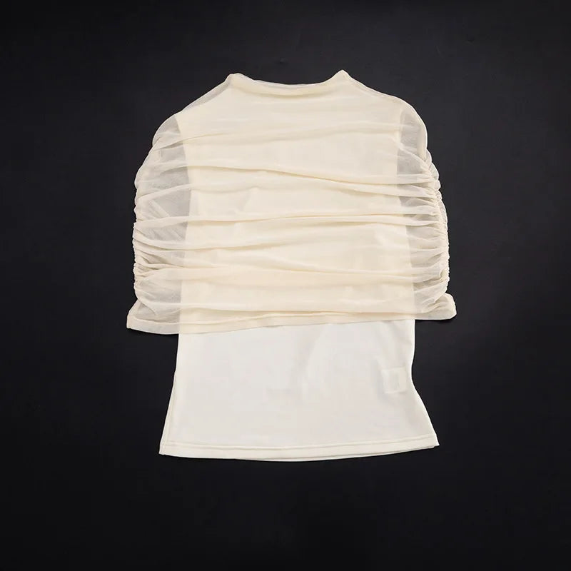 Women Spring Summer Pullover Cap Sleeve Ruched Mesh Patchwork Tops Slim Spliced Sheer Top