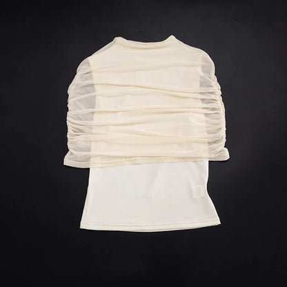 Women Spring Summer Pullover Cap Sleeve Ruched Mesh Patchwork Tops Slim Spliced Sheer Top
