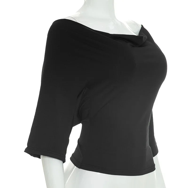 2026 Summer Women Sexy Off Shoulder 3/4 Sleeve Open Back Tie Up T Shirt Slim Fit Fashion Going Out Pullover Crop Tops Ladies