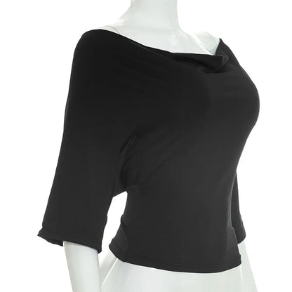 2026 Summer Women Sexy Off Shoulder 3/4 Sleeve Open Back Tie Up T Shirt Slim Fit Fashion Going Out Pullover Crop Tops Ladies