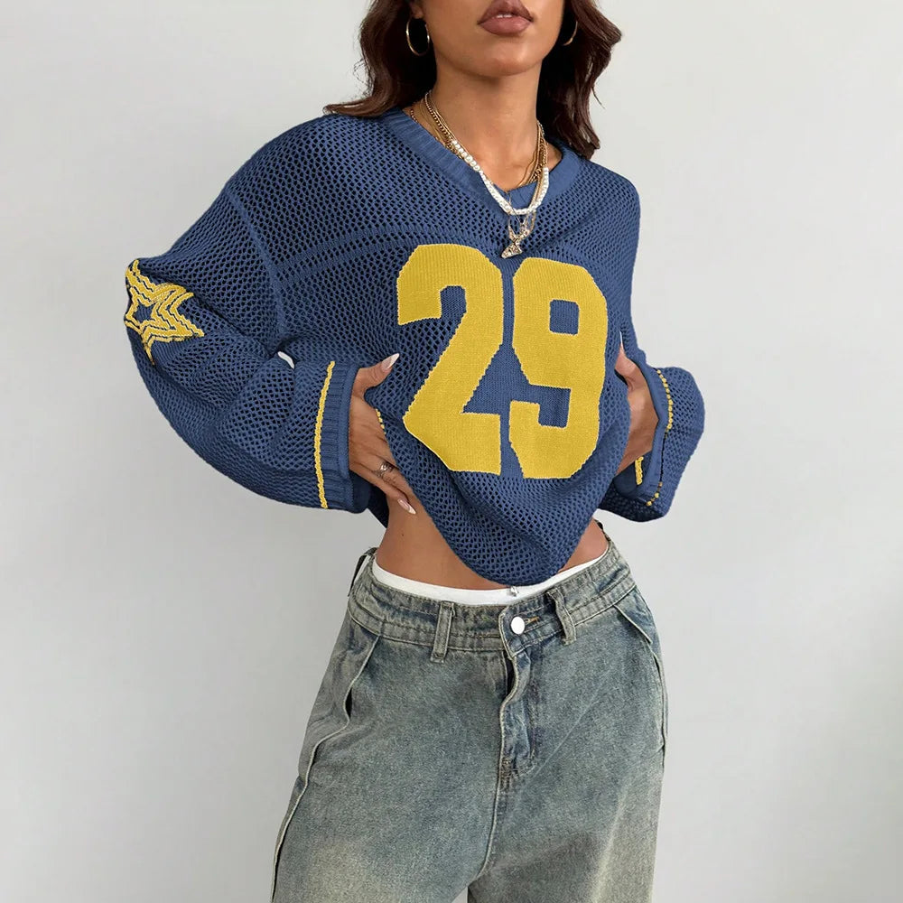 Y2K Style Sports Jersey Women's Knitted Tops Fashionable Digital Printed Round Neck Long Sleeve Jumper 2025 Summer Street Trend