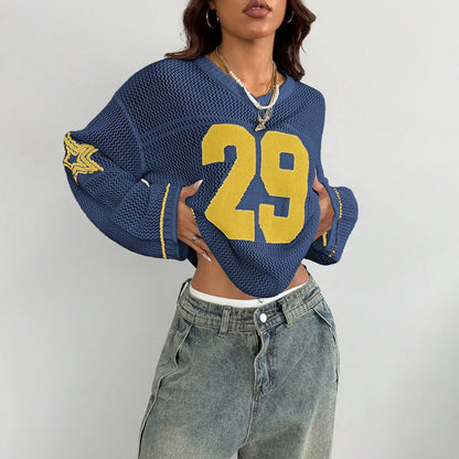 Y2K Style Sports Jersey Women's Knitted Tops Fashionable Digital Printed Round Neck Long Sleeve Jumper 2025 Summer Street Trend