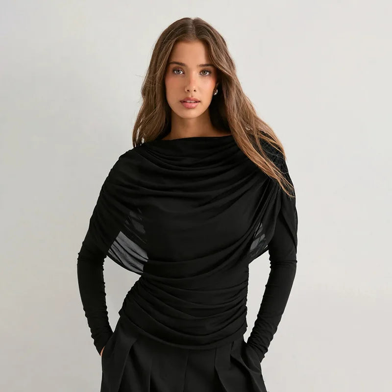 2026 Spring Summer Women Long Sleeve T-Shirt Draped Collar Pleated Shawl Slim Fit Stretch Tops Elegant Casual Daily Wear Top