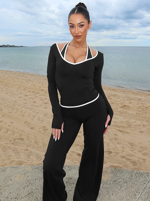 Cross Border Autumn Women's Clothing From Europe And America, New Color Blocking V-neck Long Sleeved Straight Leg Pants Set For