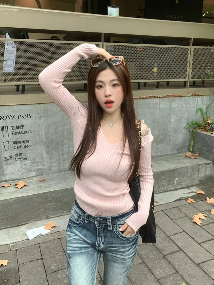 2025 Women's Suspender Pink Sweater Fake Two V-neck Pure Desire Base Knitted Sweater