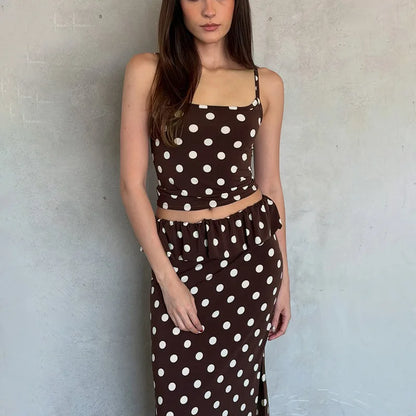 2026 Summer Women Hot Girl Polka Dot Cami Skirt Set Ruffle Split Hem Midi Skirt Two Piece Outfit Trendy Female Holiday Beach Mat