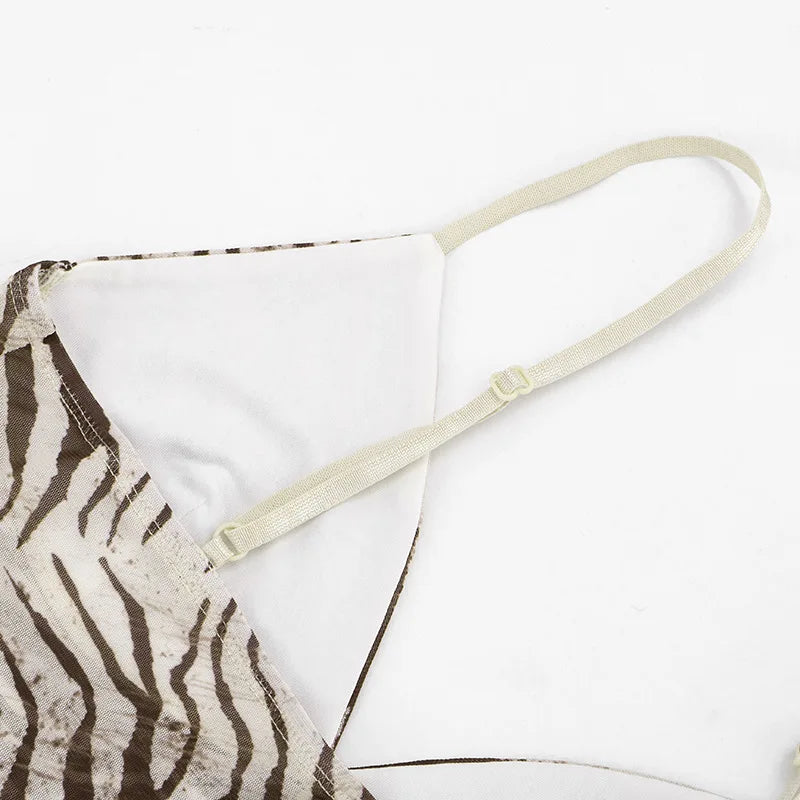 Women Summer Mesh Zebra Print V Neck Mesh Cami Tops