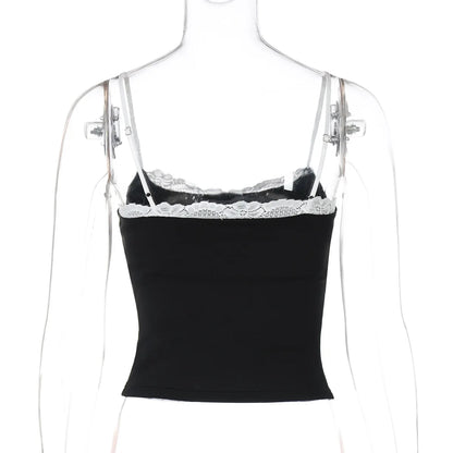 Women Y2K Sexy Color Block Splicing Off Shoulder Fake Two Piece Cami Top