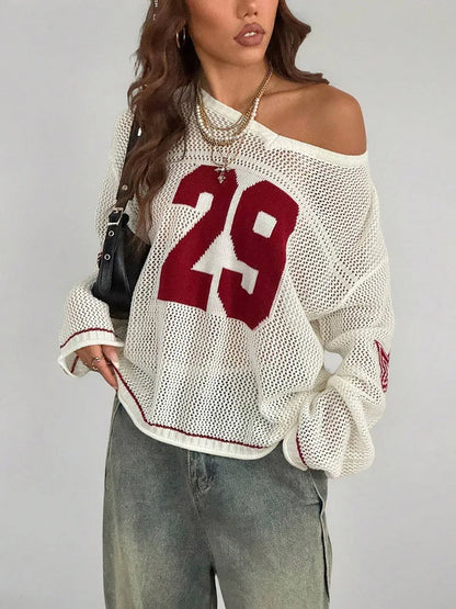 Y2K Style Sports Jersey Women's Knitted Tops Fashionable Digital Printed Round Neck Long Sleeve Jumper 2025 Summer Street Trend