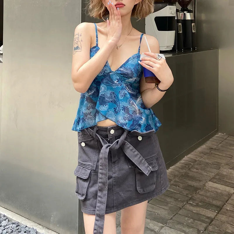 Mesh See Through Printed Vest Women Sexy Casual V-neck Sleeveless Suspender Camisole Patchwork Tank Top Streetwear